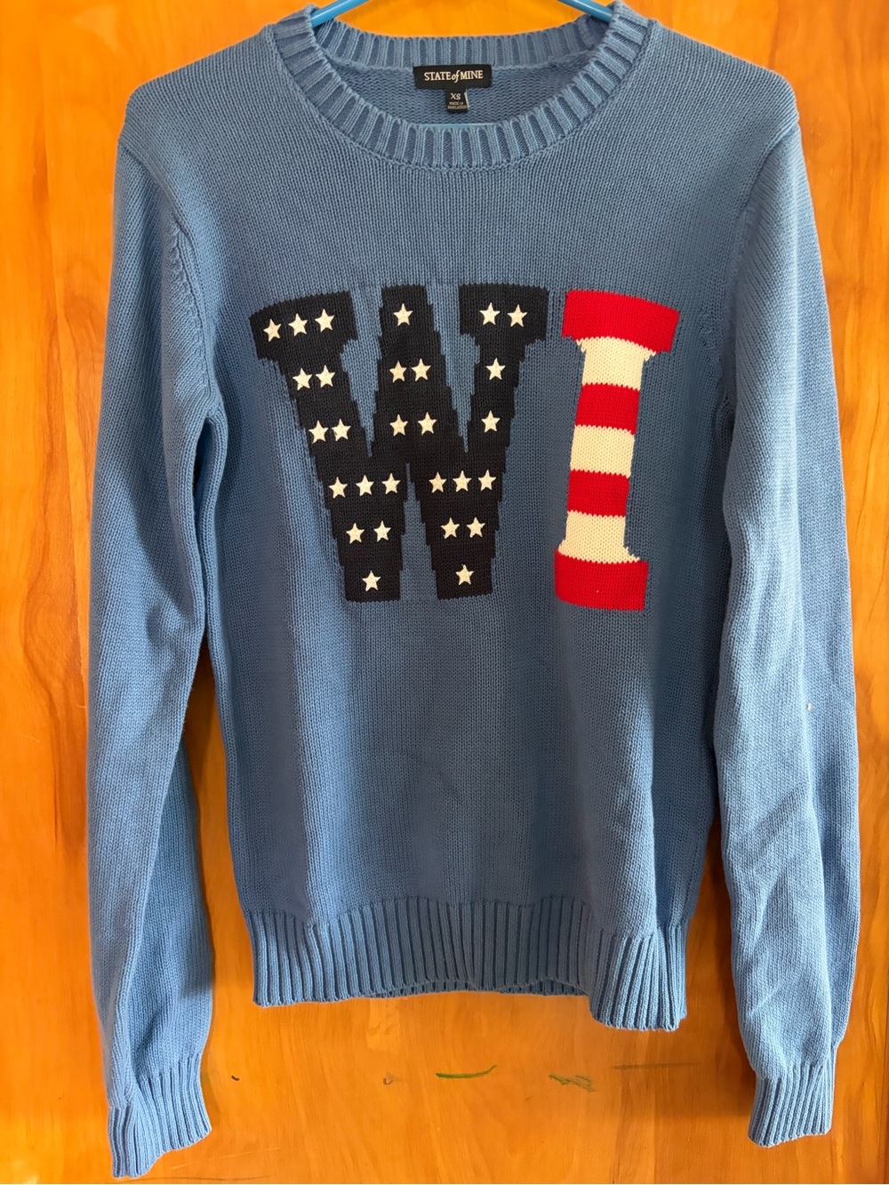 State of Mind Light Blue Crewneck Sweater with Star-Striped 'WI' Intarsia